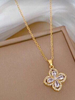 Gold Plated Stainless Steel Cubic Zirconia Butterfly Pendant Necklace